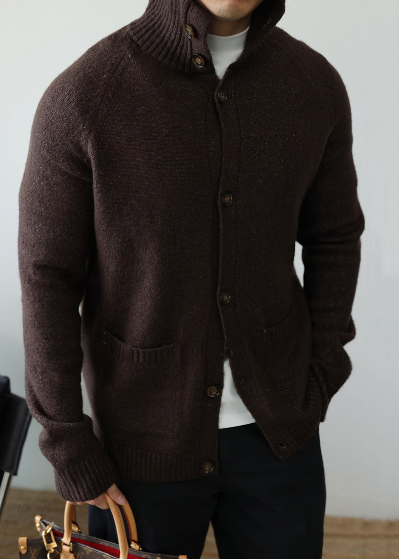 Cardigan in cotone comodo marrone caffè con tasche e colletto alla Peter Pan