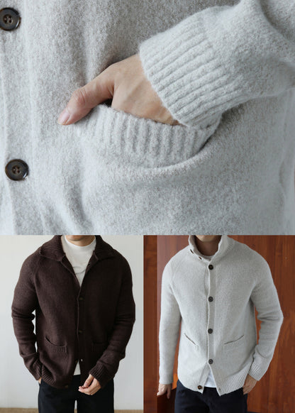 Cardigan in cotone comodo marrone caffè con tasche e colletto alla Peter Pan