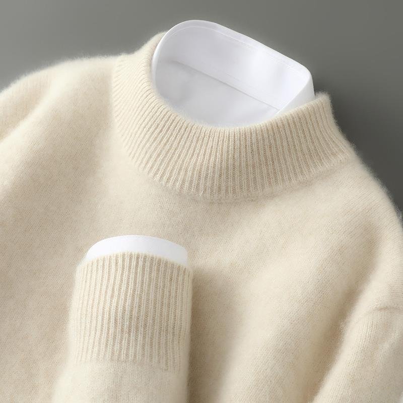 Maglione in cashmere con collo alto e dettagli a costine classici, colore crema