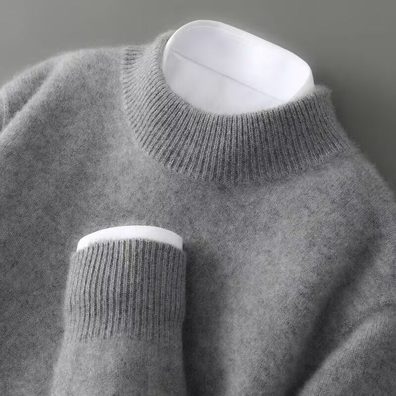 Maglione in cashmere con collo alto e dettagli a costine classici, colore crema