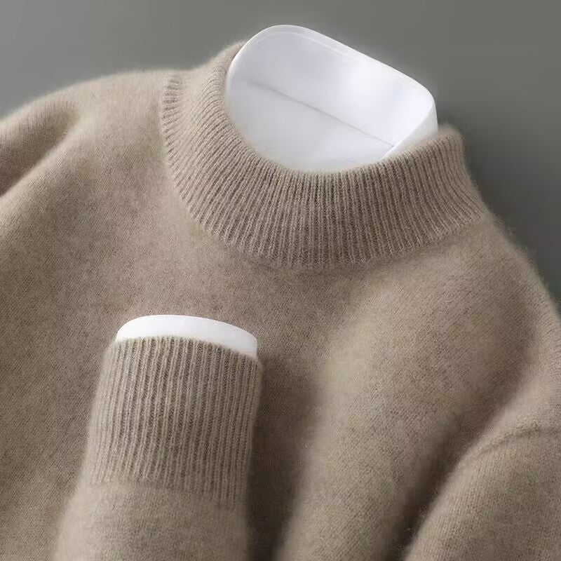 Maglione in cashmere con collo alto e dettagli a costine classici, colore crema