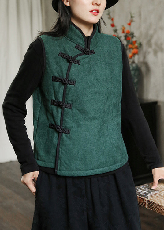 Nuovo gilet in pile verde con collo alto, bottoni, caldo, senza maniche