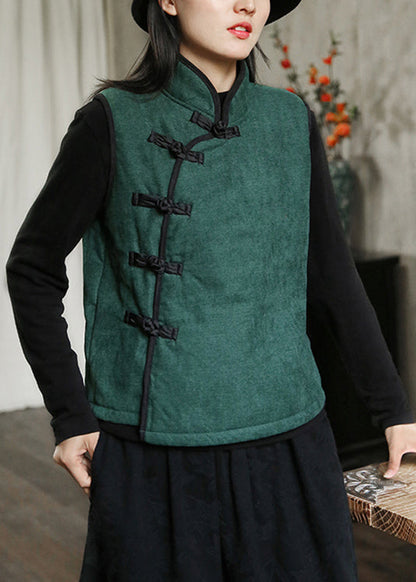 Nuovo gilet in pile verde con collo alto, bottoni, caldo, senza maniche