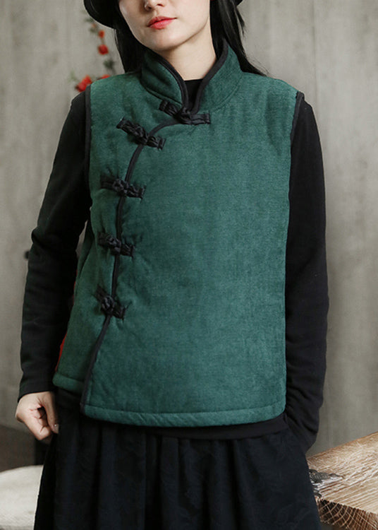 Nuovo gilet in pile verde con collo alto, bottoni, caldo, senza maniche