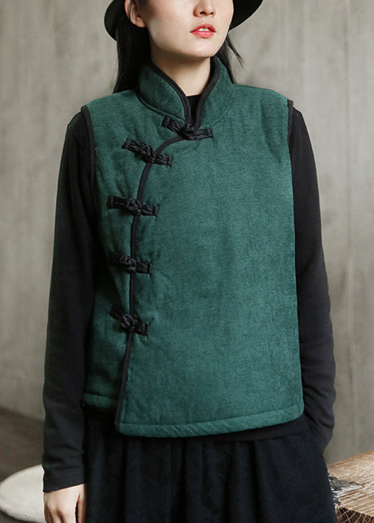 Nuovo gilet in pile verde con collo alto, bottoni, caldo, senza maniche