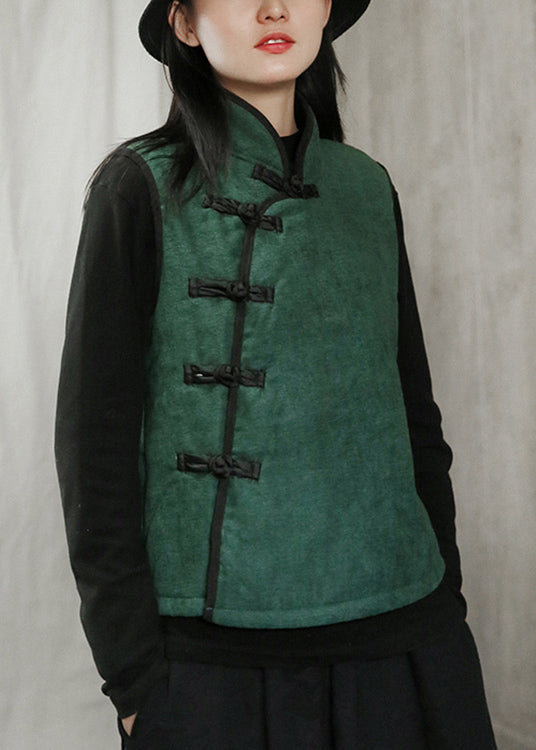 Nuovo gilet in pile verde con collo alto, bottoni, caldo, senza maniche