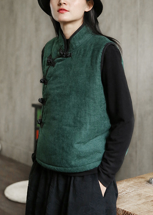 Nuovo gilet in pile verde con collo alto, bottoni, caldo, senza maniche