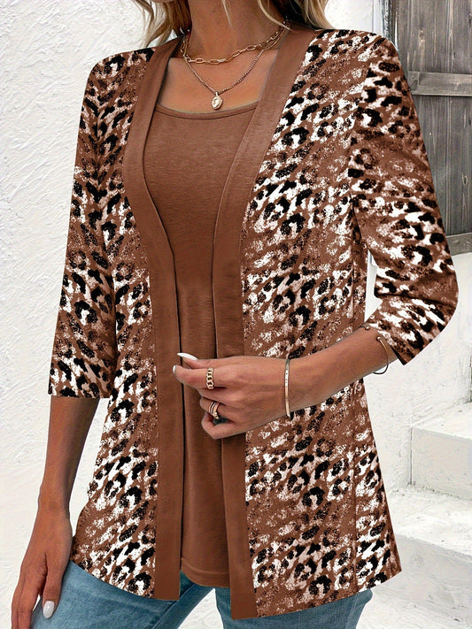 ER Set due pezzi, top e cardigan monocolore con motivo leopardato