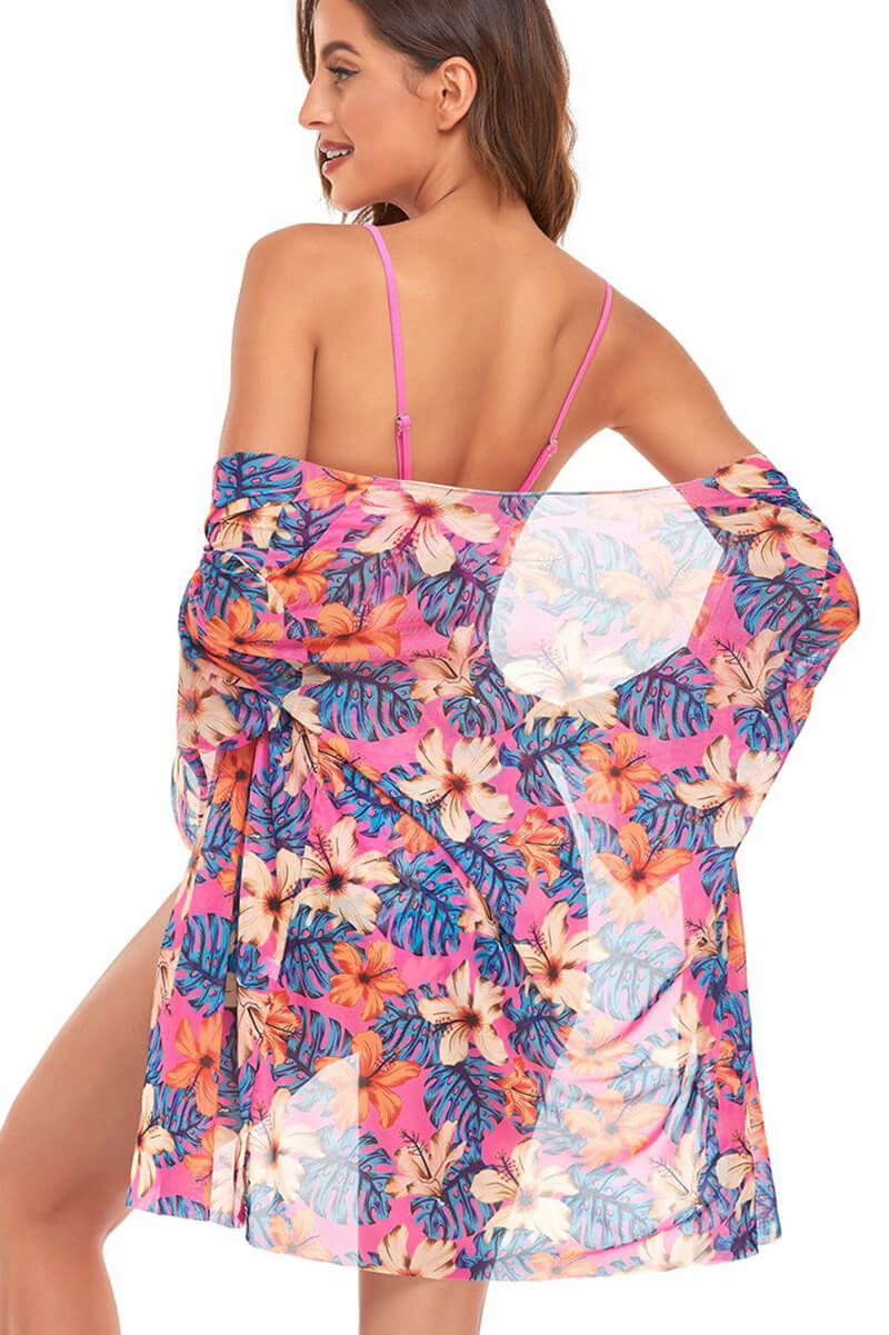 Dorotea® | Pink Print Beach Blouse and Bikini Set