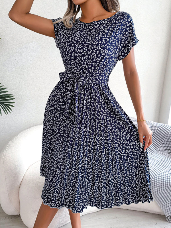 ER | Abiti midi con cravatta e stampa floreale Scollo rotondo Forma a trapezio
