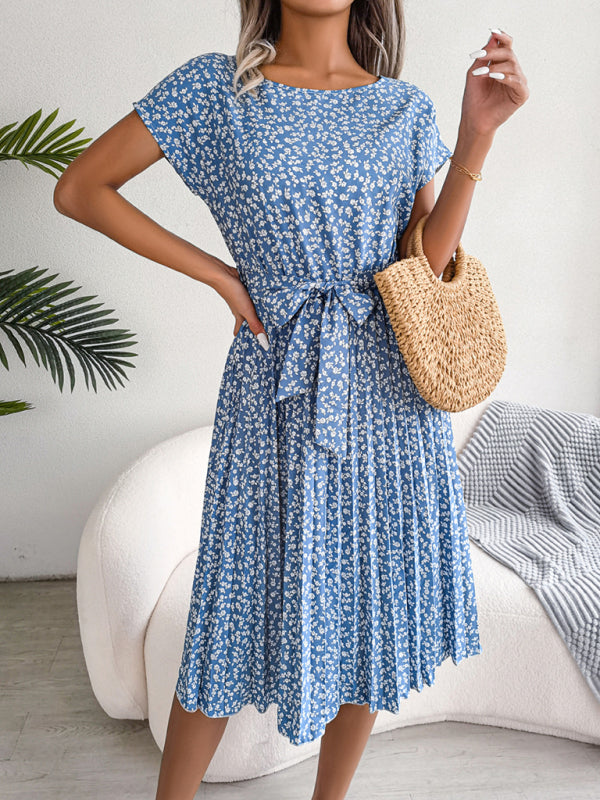 ER | Abiti midi con cravatta e stampa floreale Scollo rotondo Forma a trapezio