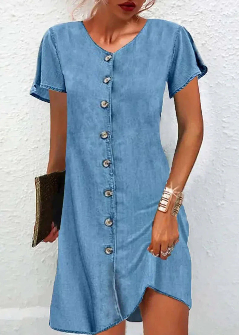 ER | semplice abito in denim con maniche corte e scollo a V