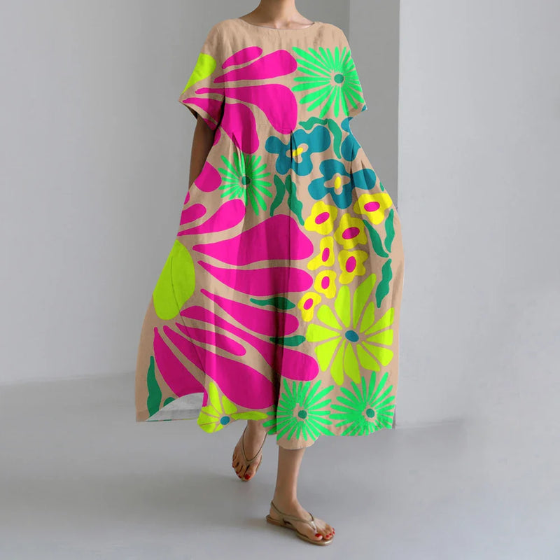 ER | Nuovi abiti da donna estivi Squisito elegante collo rotondo Maniche lunghe Rosa a pois irregolari stampate Confortevole abiti Midi