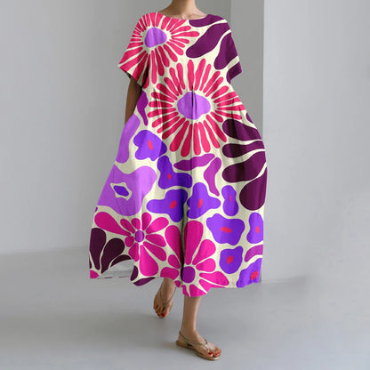 ER | Nuovi abiti da donna estivi Squisito elegante collo rotondo Maniche lunghe Rosa a pois irregolari stampate Confortevole abiti Midi