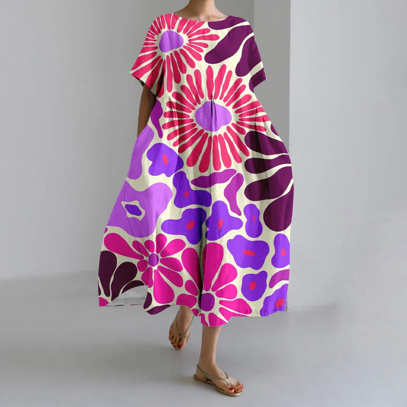 ER | Nuovi abiti da donna estivi Squisito elegante collo rotondo Maniche lunghe Rosa a pois irregolari stampate Confortevole abiti Midi