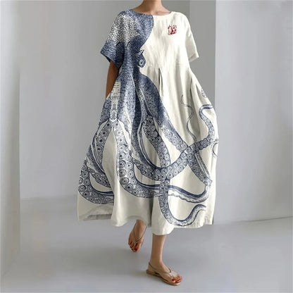 ER | Vestito estivo allentato di taglia superiore con tasca e scollo a O Maxi abito estivo elegante