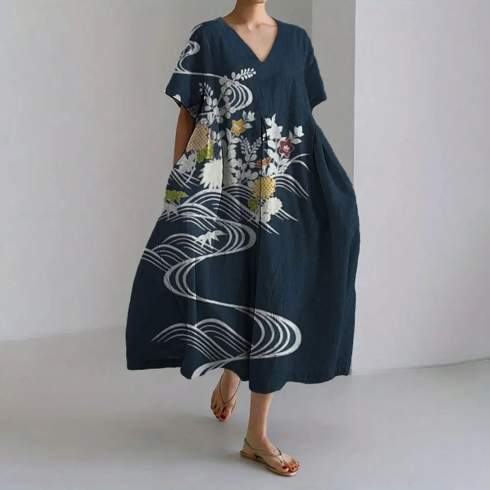 ER | Vestito estivo allentato di taglia superiore con tasca e scollo a O Maxi abito estivo elegante