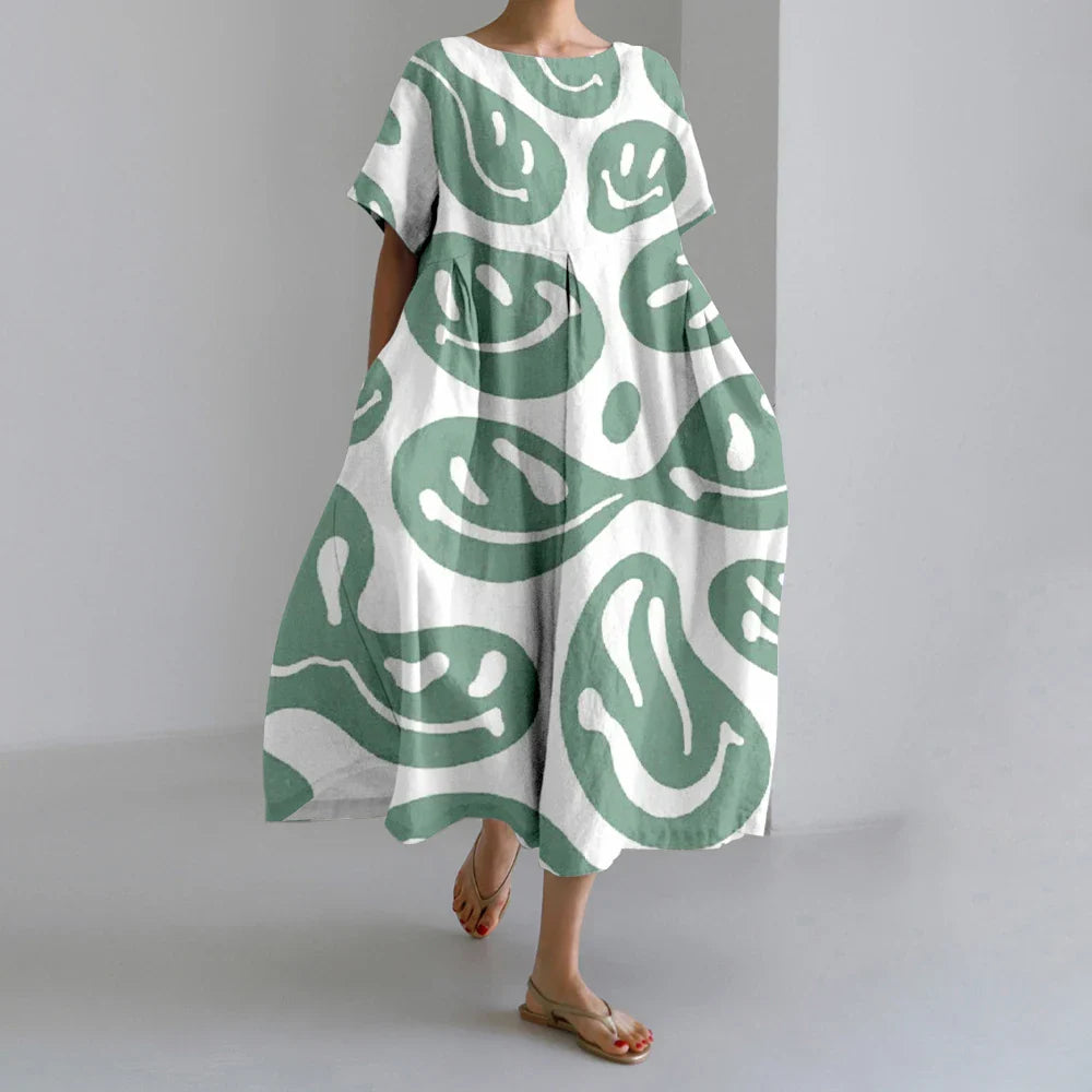 ER | Nuovi abiti da donna estivi Squisito elegante collo rotondo Maniche lunghe Rosa a pois irregolari stampate Confortevole abiti Midi