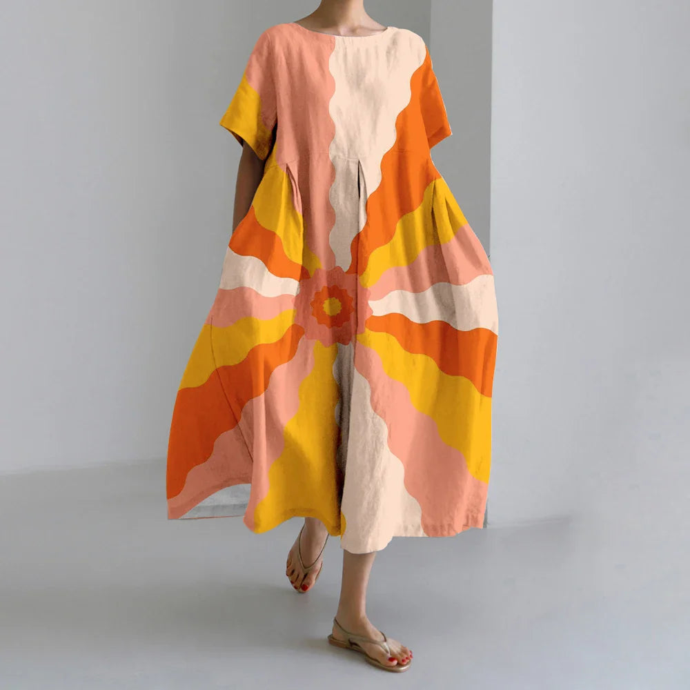 ER | Nuovi abiti da donna estivi Squisito elegante collo rotondo Maniche lunghe Rosa a pois irregolari stampate Confortevole abiti Midi