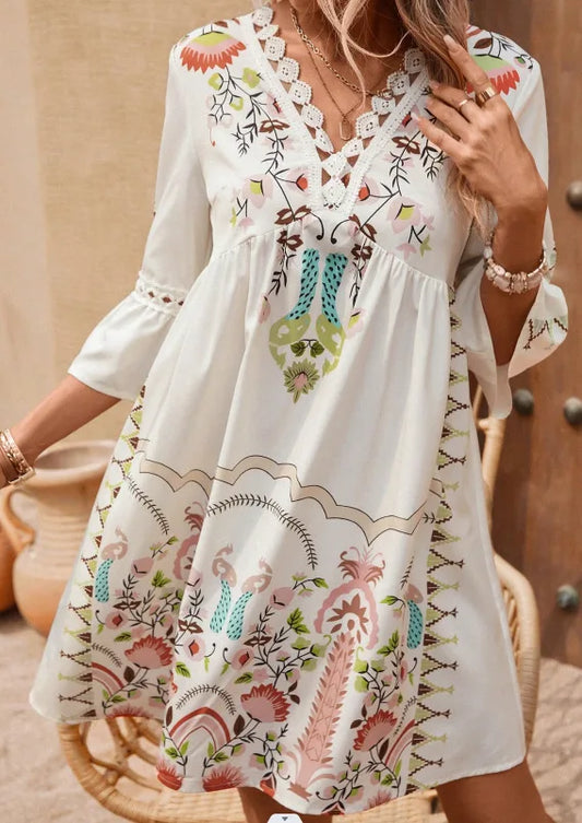 ER | 2025 Ladies Dress Summer Holiday V-Neck Long Sleeve Floral Print Beach Party Dresses Sexy Mini Clothes For Women Vestidos