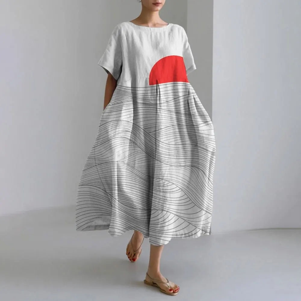 ER | Vestito estivo allentato di taglia superiore con tasca e scollo a O Maxi abito estivo elegante