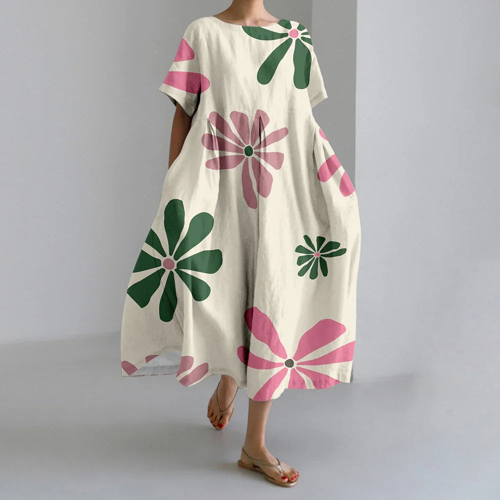 ER | Nuovi abiti da donna estivi Squisito elegante collo rotondo Maniche lunghe Rosa a pois irregolari stampate Confortevole abiti Midi