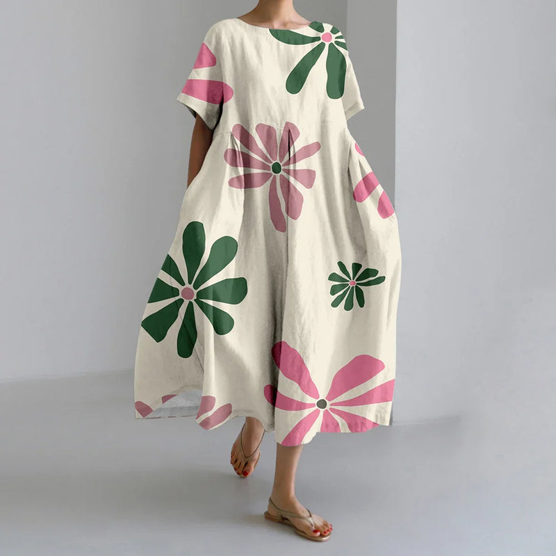 ER | Nuovi abiti da donna estivi Squisito elegante collo rotondo Maniche lunghe Rosa a pois irregolari stampate Confortevole abiti Midi