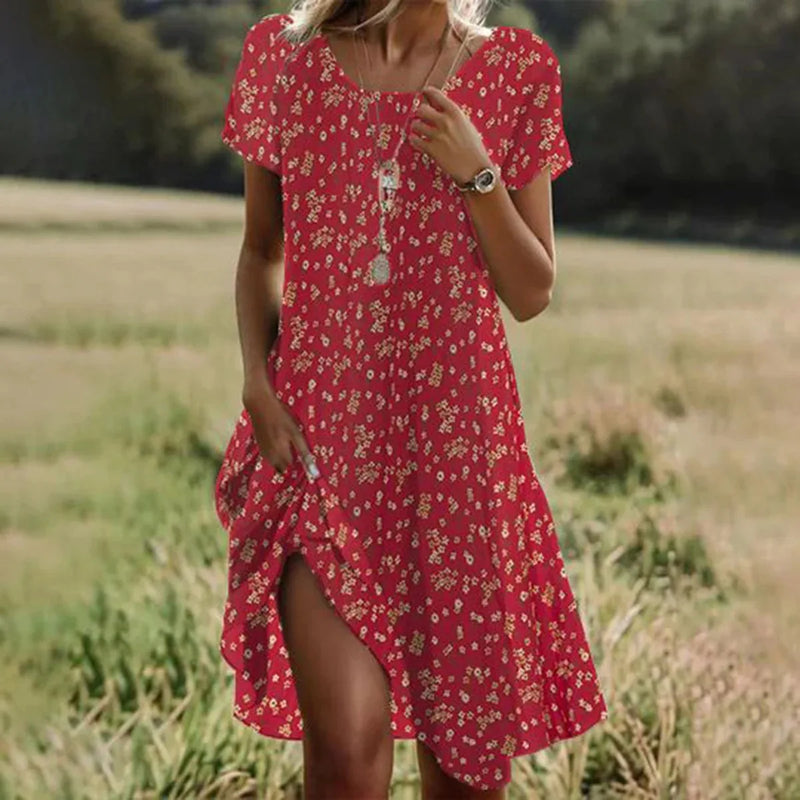 ER | Abiti estivi bohémien per donne Scollo a V Manica corta Stampato a fiori Abito da vacanza in spiaggia Donne Abiti maxi Boho