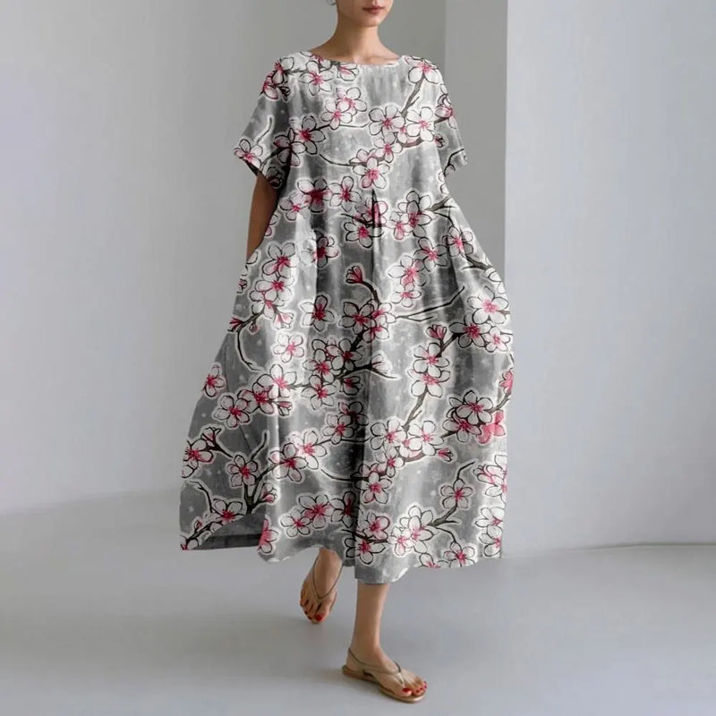 ER | Vestito estivo allentato di taglia superiore con tasca e scollo a O Maxi abito estivo elegante