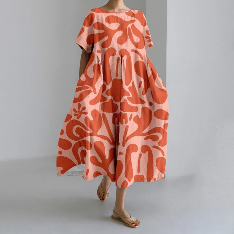 ER | Nuovi abiti da donna estivi Squisito elegante collo rotondo Maniche lunghe Rosa a pois irregolari stampate Confortevole abiti Midi