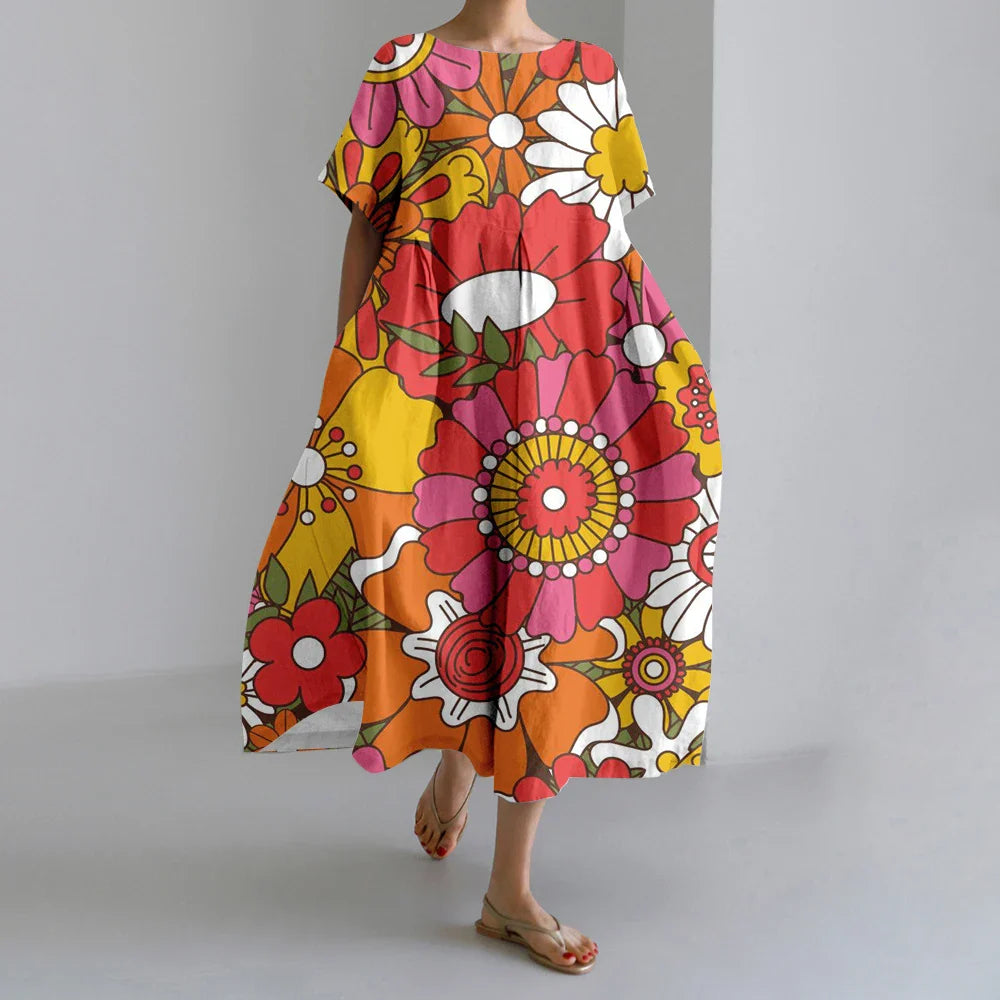 ER | Nuovi abiti da donna estivi Squisito elegante collo rotondo Maniche lunghe Rosa a pois irregolari stampate Confortevole abiti Midi