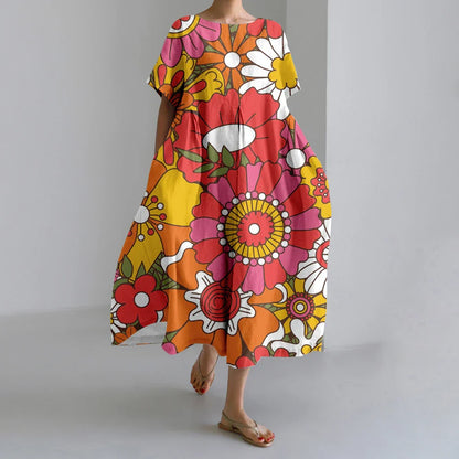 ER | Nuovi abiti da donna estivi Squisito elegante collo rotondo Maniche lunghe Rosa a pois irregolari stampate Confortevole abiti Midi