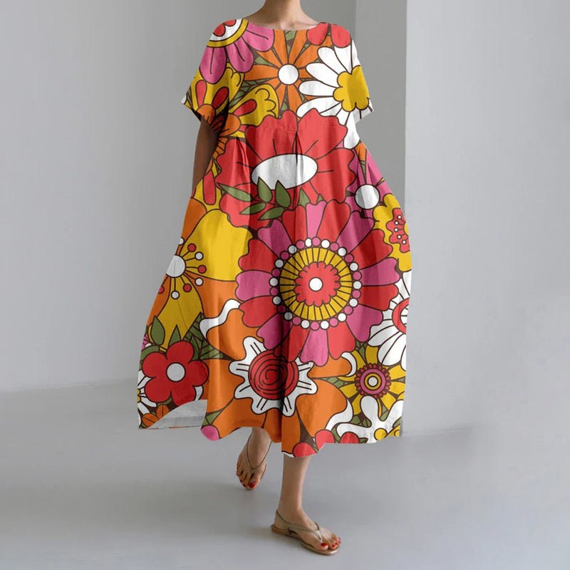 ER | Nuovi abiti da donna estivi Squisito elegante collo rotondo Maniche lunghe Rosa a pois irregolari stampate Confortevole abiti Midi
