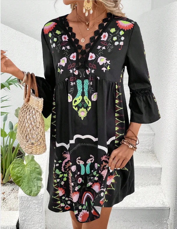 ER | 2025 Ladies Dress Summer Holiday V-Neck Long Sleeve Floral Print Beach Party Dresses Sexy Mini Clothes For Women Vestidos