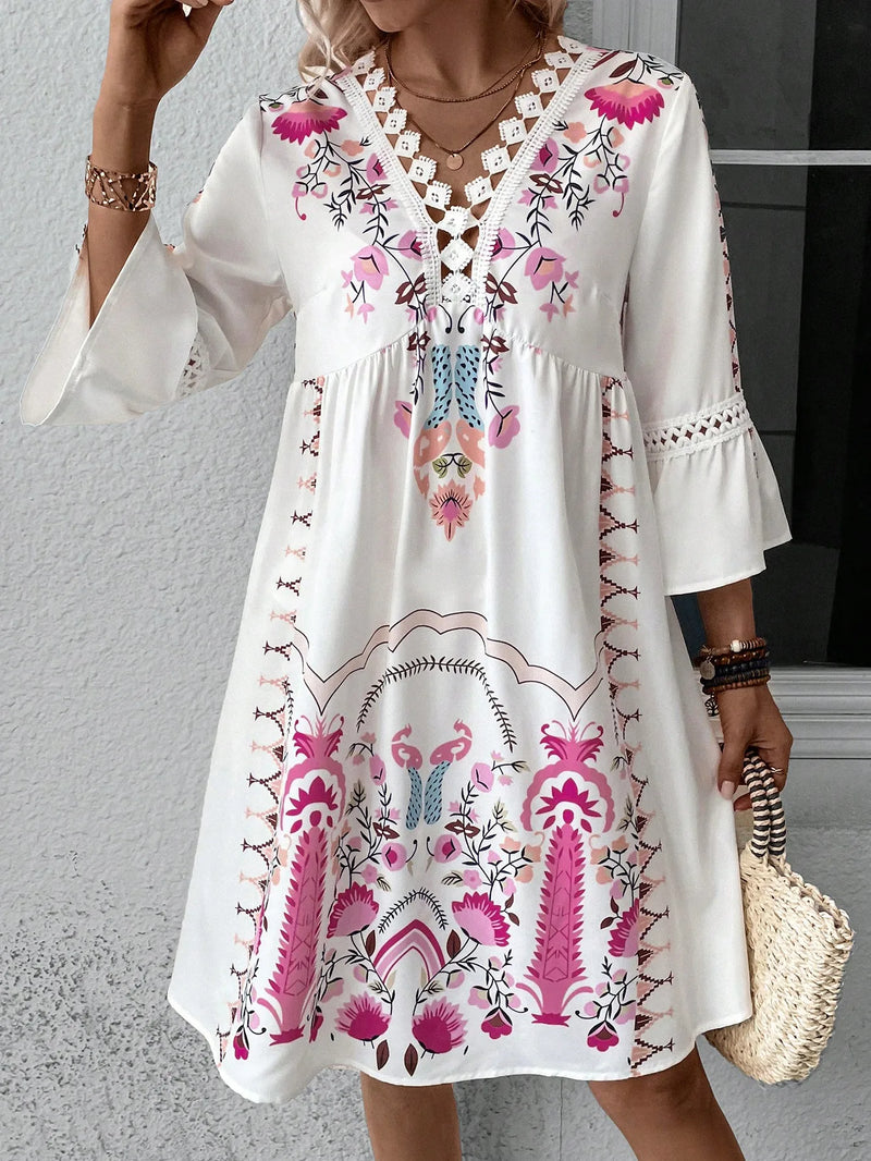ER | 2025 Ladies Dress Summer Holiday V-Neck Long Sleeve Floral Print Beach Party Dresses Sexy Mini Clothes For Women Vestidos
