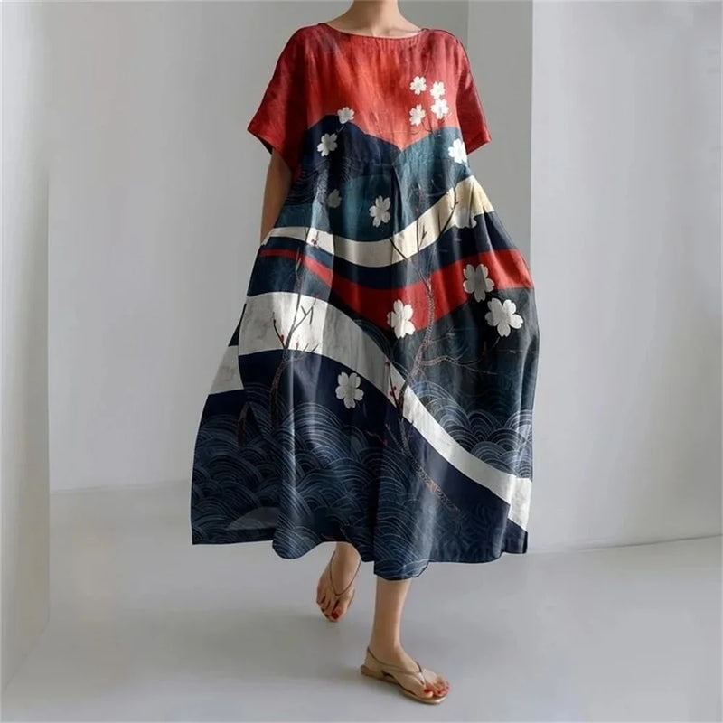 ER | Vestito estivo allentato di taglia superiore con tasca e scollo a O Maxi abito estivo elegante