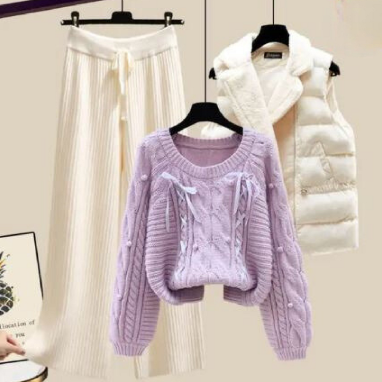 LP | Giacca da donna a tre pezzi con gilet, maglione largo e pantaloni a gamba larga