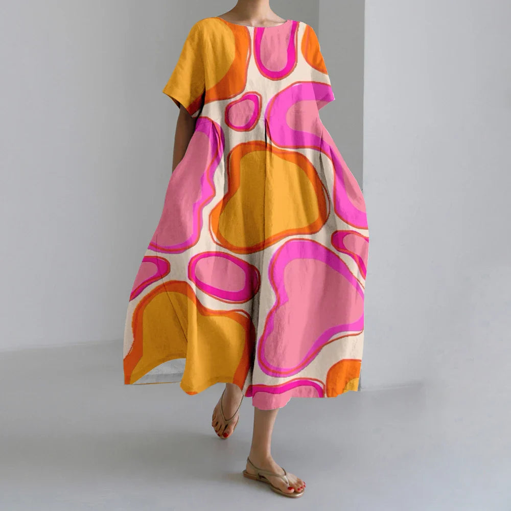 ER | Nuovi abiti da donna estivi Squisito elegante collo rotondo Maniche lunghe Rosa a pois irregolari stampate Confortevole abiti Midi