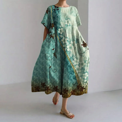 ER | Vestito estivo allentato di taglia superiore con tasca e scollo a O Maxi abito estivo elegante