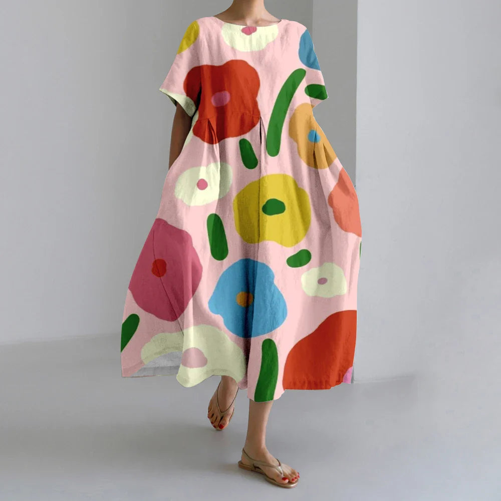 ER | Nuovi abiti da donna estivi Squisito elegante collo rotondo Maniche lunghe Rosa a pois irregolari stampate Confortevole abiti Midi