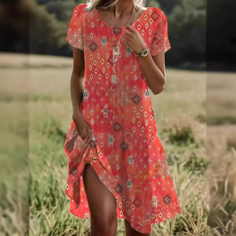 ER | Abiti estivi bohémien per donne Scollo a V Manica corta Stampato a fiori Abito da vacanza in spiaggia Donne Abiti maxi Boho