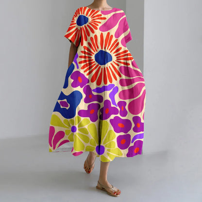 ER | Nuovi abiti da donna estivi Squisito elegante collo rotondo Maniche lunghe Rosa a pois irregolari stampate Confortevole abiti Midi