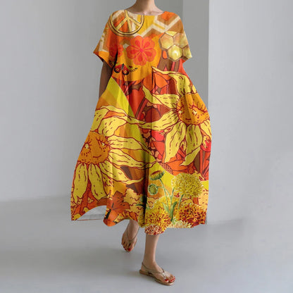 ER | Nuovi abiti da donna estivi Squisito elegante collo rotondo Maniche lunghe Rosa a pois irregolari stampate Confortevole abiti Midi