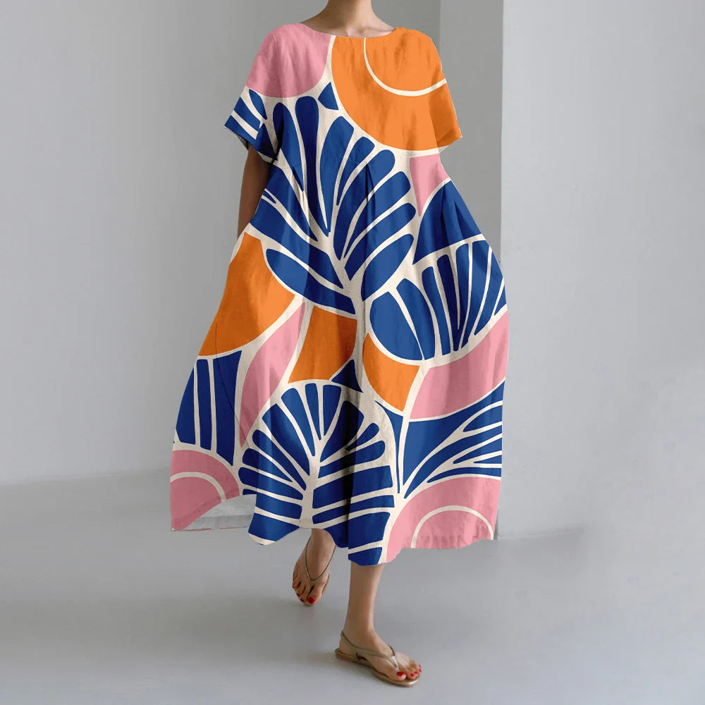 ER | Nuovi abiti da donna estivi Squisito elegante collo rotondo Maniche lunghe Rosa a pois irregolari stampate Confortevole abiti Midi