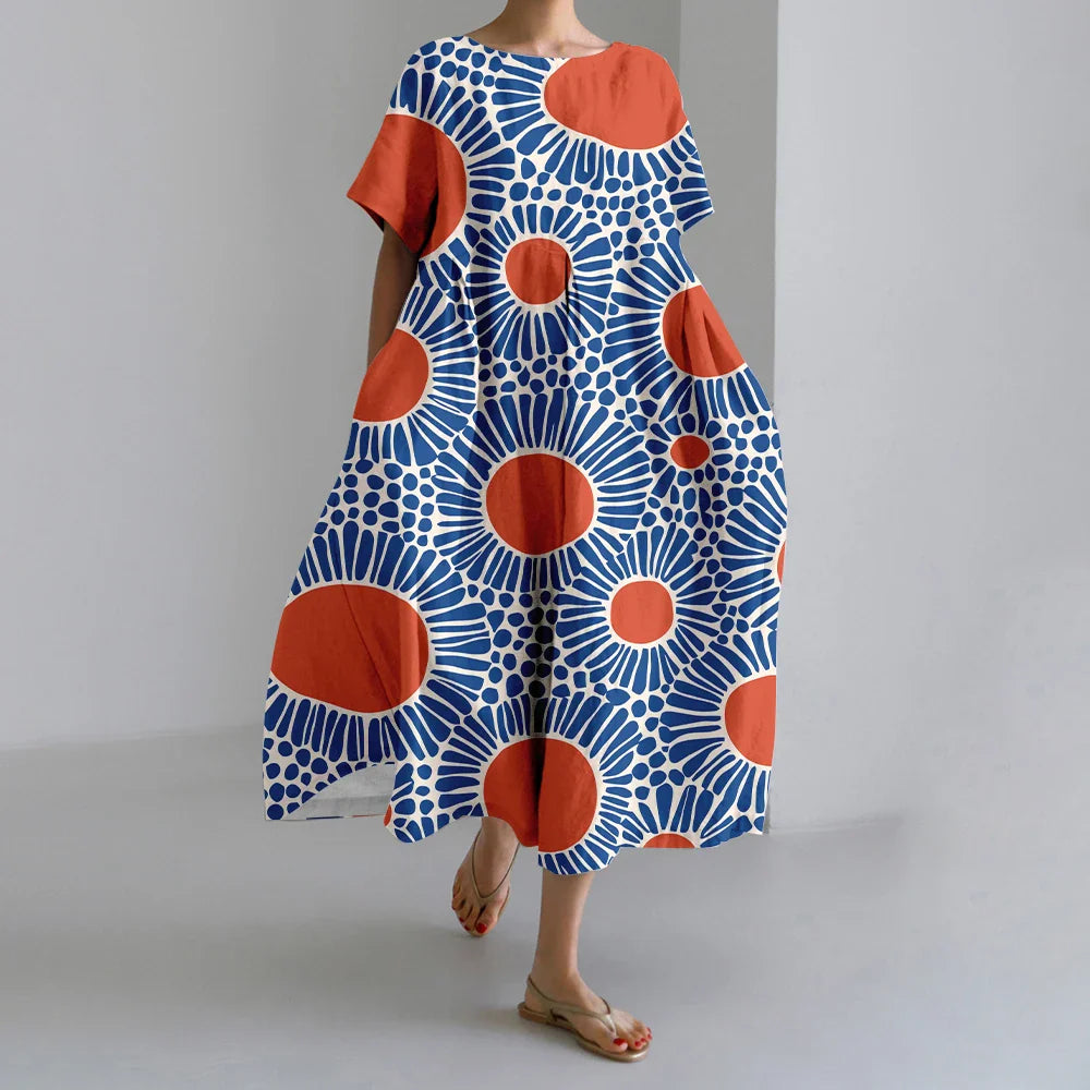 ER | Nuovi abiti da donna estivi Squisito elegante collo rotondo Maniche lunghe Rosa a pois irregolari stampate Confortevole abiti Midi