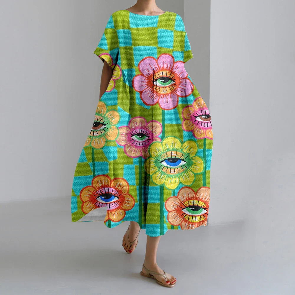 ER | Nuovi abiti da donna estivi Squisito elegante collo rotondo Maniche lunghe Rosa a pois irregolari stampate Confortevole abiti Midi