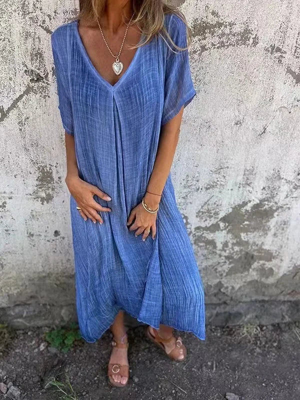 ER | Abito midi in cotone e lino con scollo a V