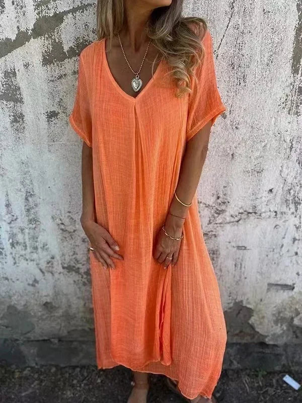 ER | Abito midi in cotone e lino con scollo a V