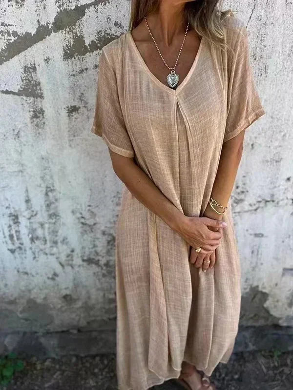 ER | Abito midi in cotone e lino con scollo a V