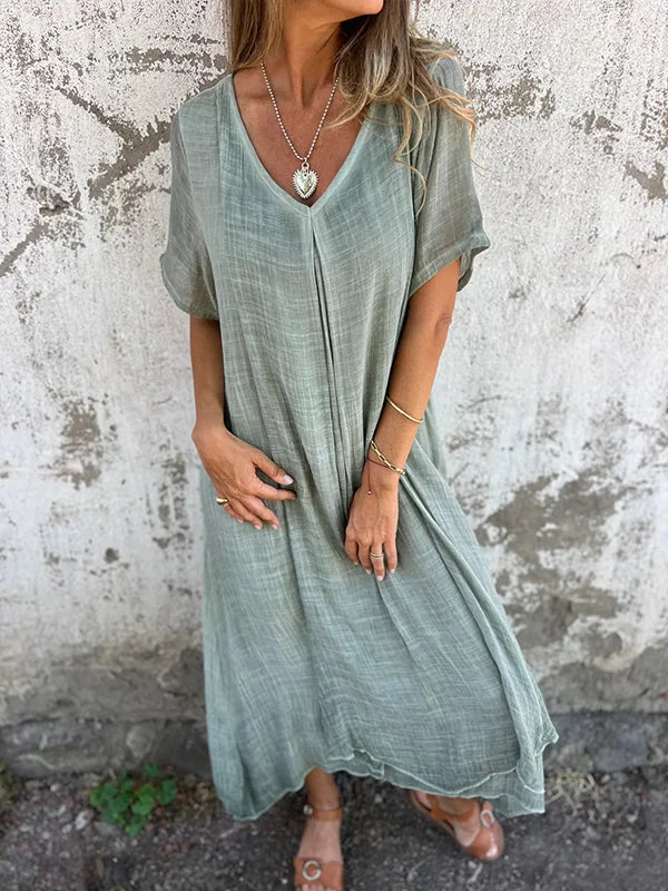 ER | Abito midi in cotone e lino con scollo a V